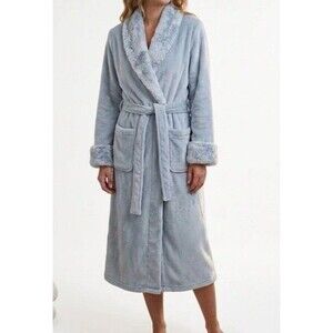 Carole Hochman Long Plush Wrap Robe Patch Pockets, Women’s Small Blue